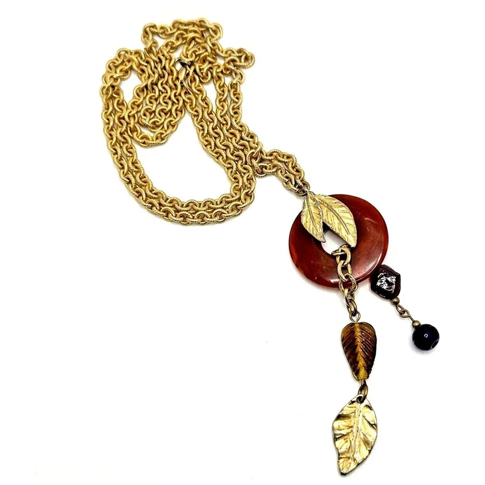 Vintage Tassel Necklace Long Gold Tone Chain Leaf Ring Statement Boho 33